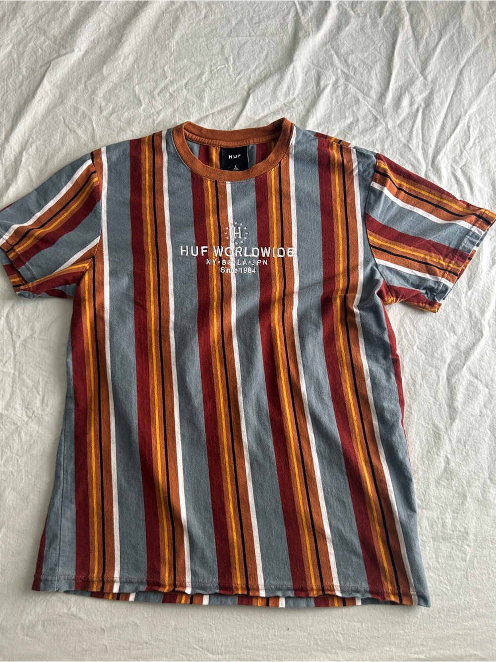 HUF Striped Crew Tee - Rust, Gray & Gold Accent